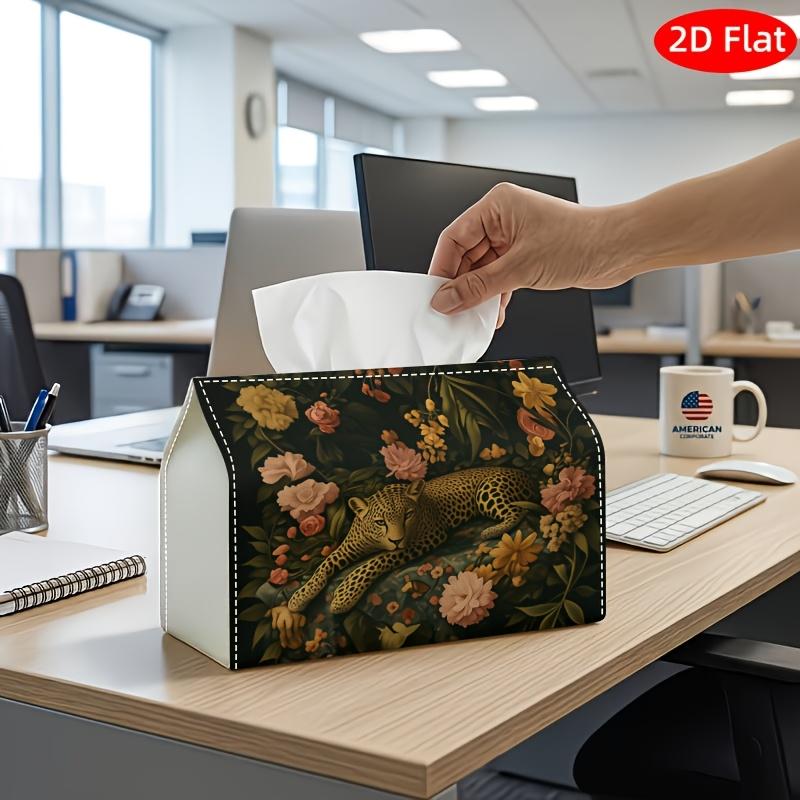 2D Flat, 1pc Tissue Box, Printed on Both Sides, Tissue Box with Leopard Figure Surrounded by Pink Floral Elements Decorative Storage Box for Holiday H