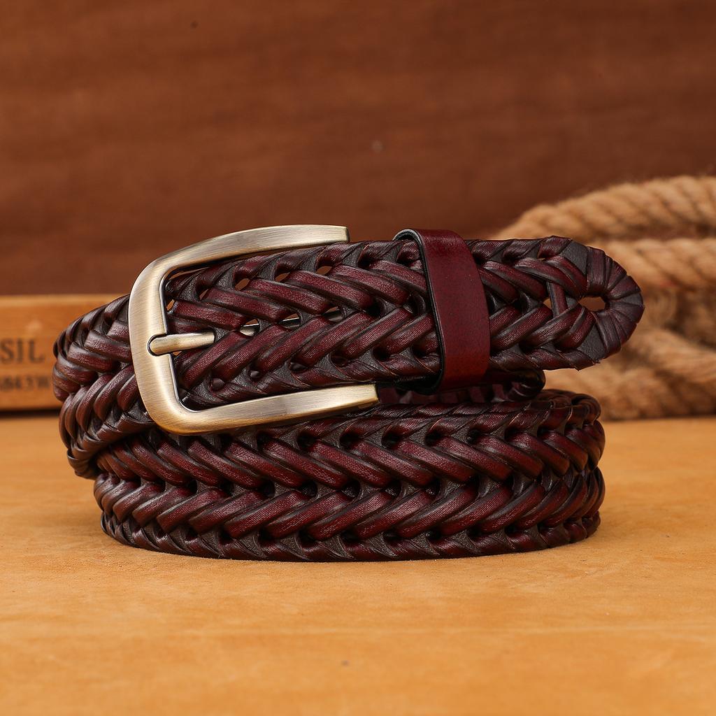 Belt for Men's Retro Hand-woven Genuine Leather Pants Belt for Students' Pin Buckle Versatile Trendy Young People