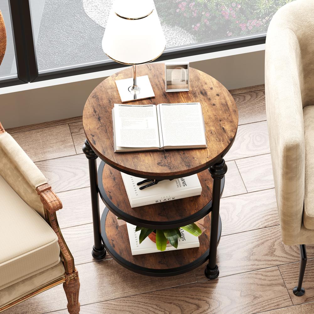 3-Tier Round Side Table Accent Table with Storage Shelf and Metal Industrial Wood Bed Side Table Night Stand for Bedroom