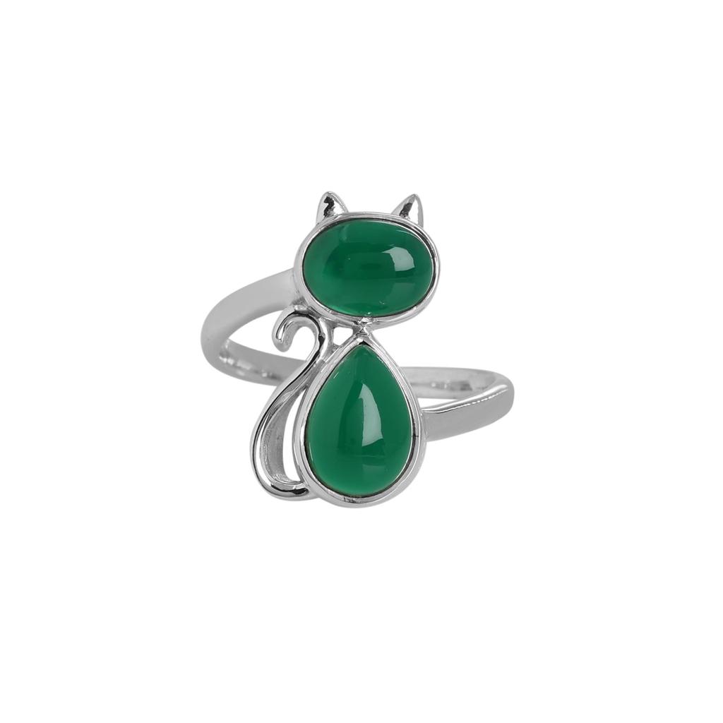 Green Onyx Silver Cat Ring, Gifts For Her, 925 Sterling Silver Handmade Jewelry, Silver Animal Jewelry, Women Ring Ar8926
