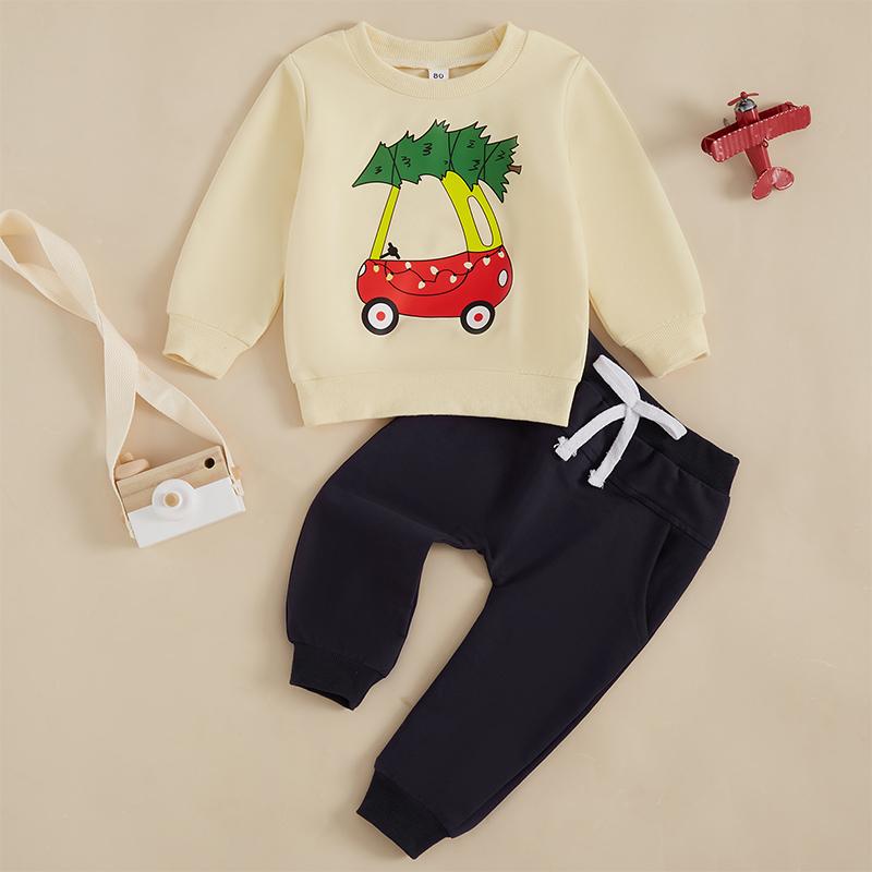 

Baby Boys Clothes Set Long Sleeve Crew Neck Tree Vehicle Print Sweatshirt with Elastic Waist Sweatpants Christmas Clothes 70