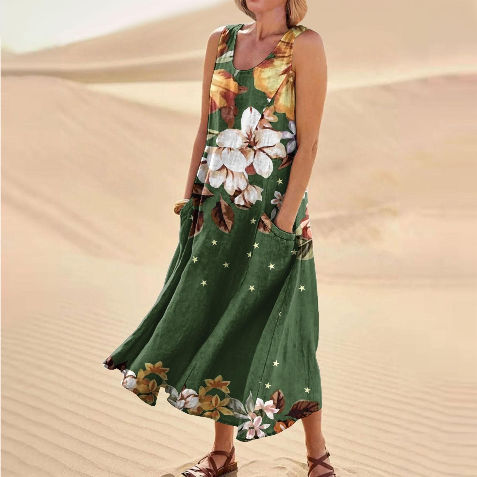 

Женское повседневное удобное карманное платье без рукавов с цветочным принтом XXL армия зеленый