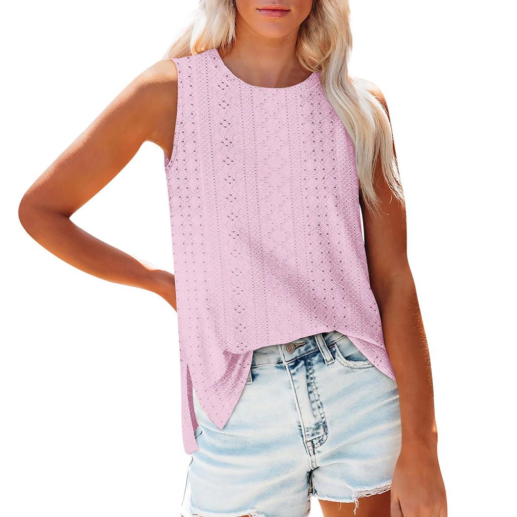 Women's Fashion Round Neck Sleeveless Slit Tank Top Solid Color Casual Top