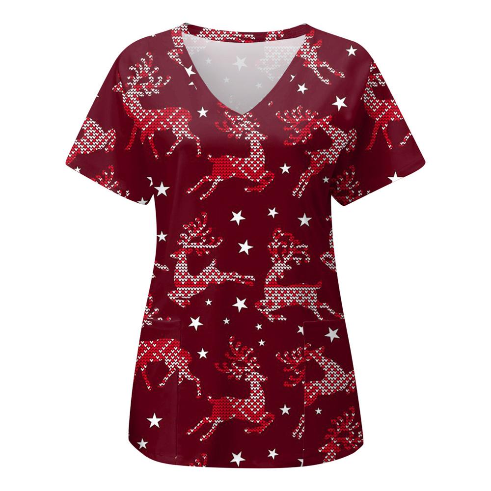 Chirurgische Uniformen Feiertage Weihnachten Drucke Stil Taschendesign Chirurgisches Kostüm Frau V-Ausschnitt Kurzarm Krankenschwester Medizinische Uniform