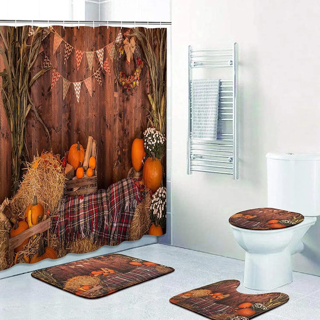 Shower Curtain Set Thanksgiving Pumpkins Fall Leaves November Season With Non-Slip Rugs Toilet Lid Cover Bath Mat Bathroom Set