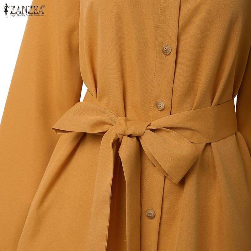 ZANZEA Lässiges, lockeres Kleid mit Stehkragen und langen Ärmeln für Damen