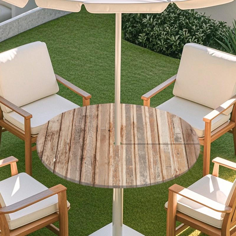 Copritavolo Rotondo da Esterno con Effetto Legno Impermeabile Orlo Elastico Per Patio Giardino Sala da Pranzo