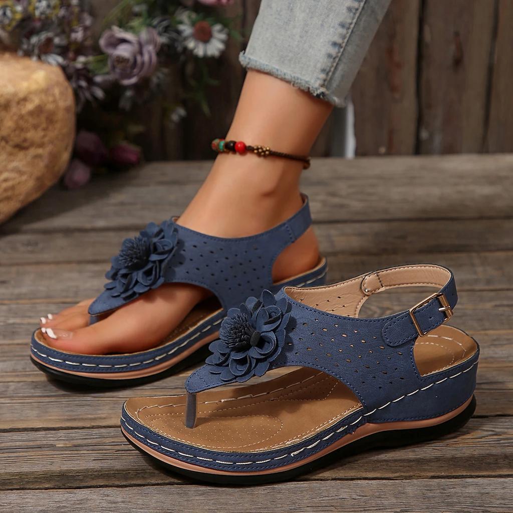 Mode Damen Sandalen Keilabsatz Dicke Sohle Orthopädische Schuhe Damen 2025 Floral Sommer Flip Flops Modische Zehenfreie Freizeit Sandalen Damen