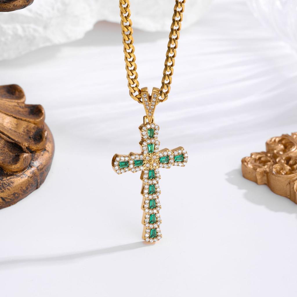 2026 Stone Cross Necklace Fashion Light Luxury Necklace Jewelry Premium Jewelry Full Diamond Men's Necklace