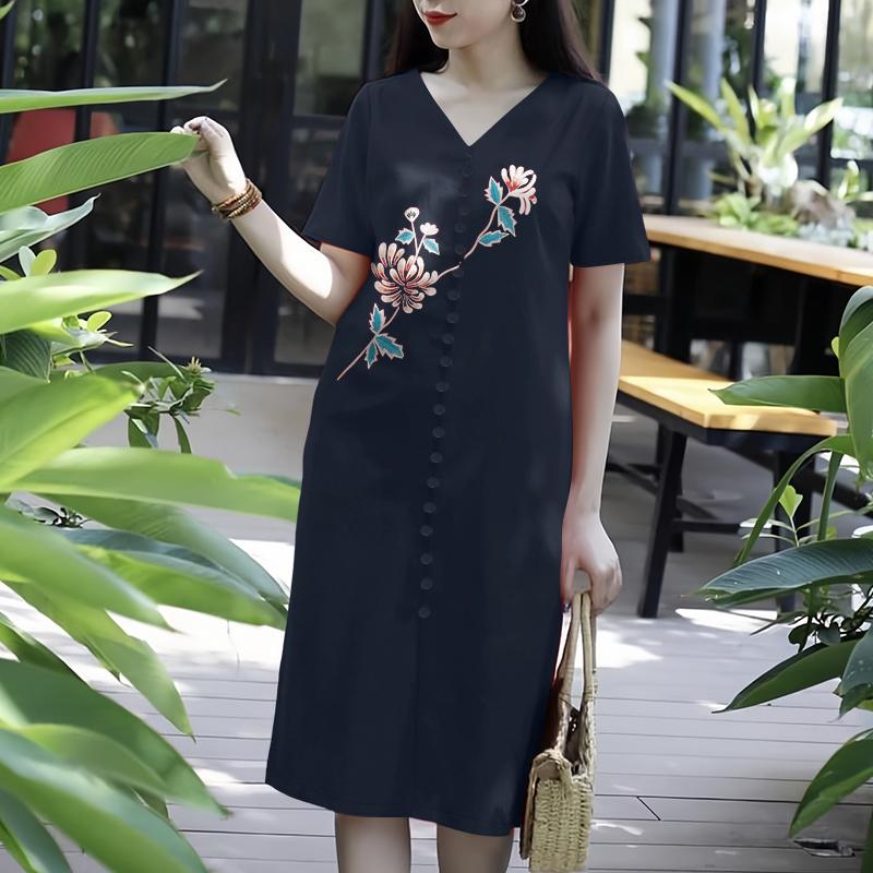 

ZANZEA Женское повседневное платье с V-образным вырезом, короткими рукавами и свободным принтом 5XL тёмно-синий