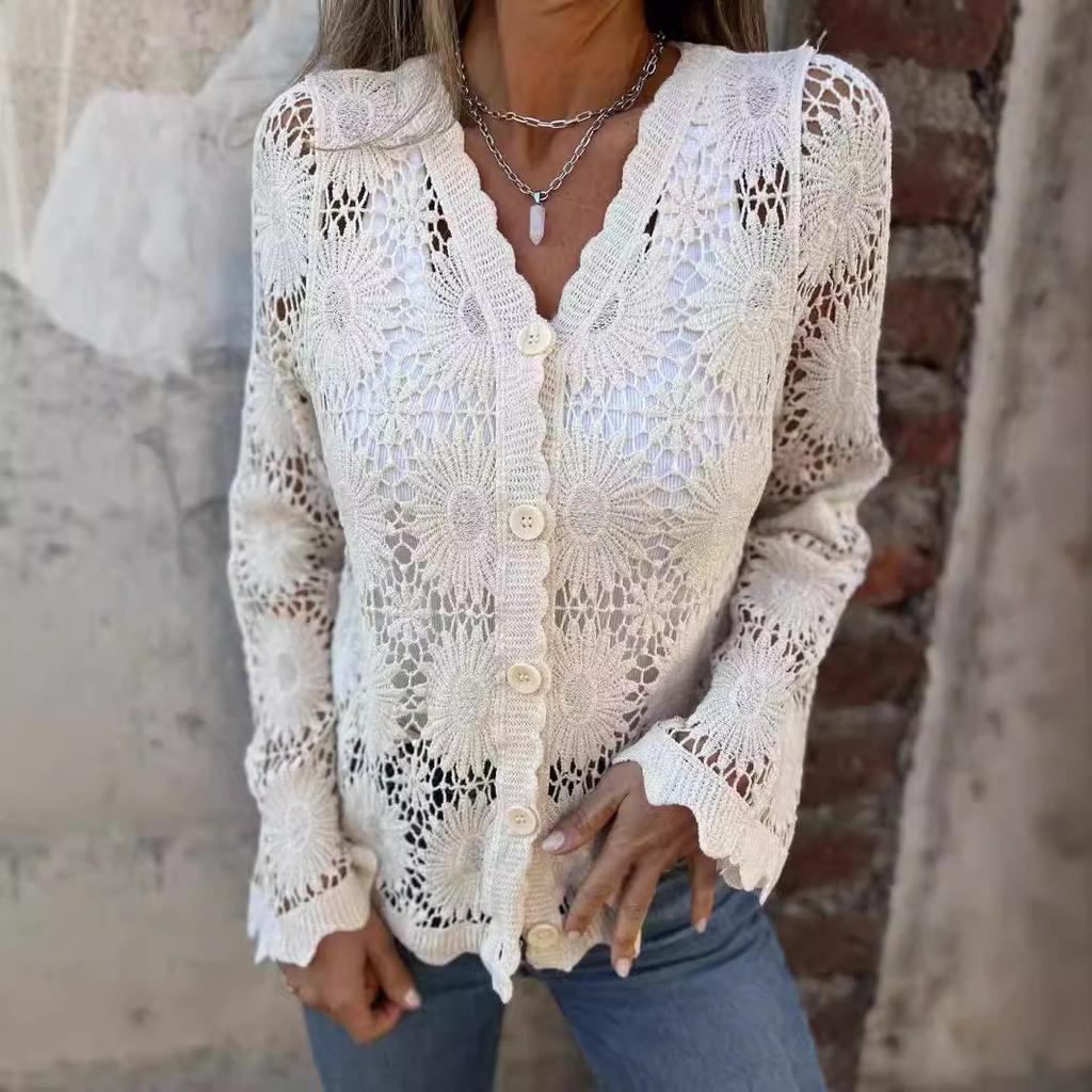 Women's V Neck Long Sleeve Crochet Cardigan Loose Fit Elegant Commuter Lace Hollow Out Knit Top