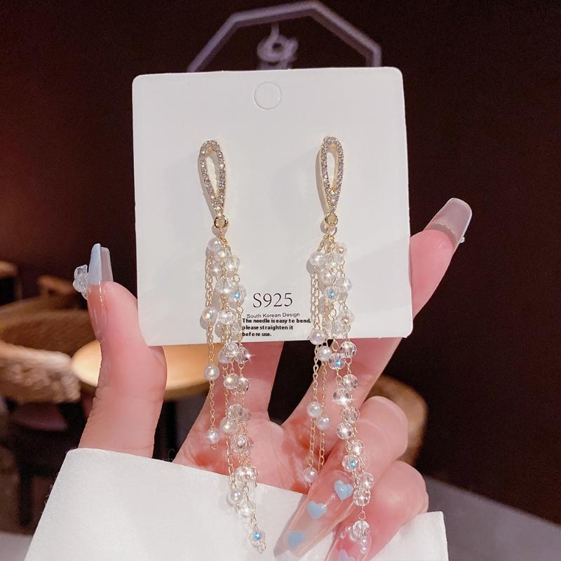 1 Pair Dangle Earrings Bowknot Shape Shining Rhinestones Lady Earrings Heart Imitation Pearls Tassel Jewelry Accessory