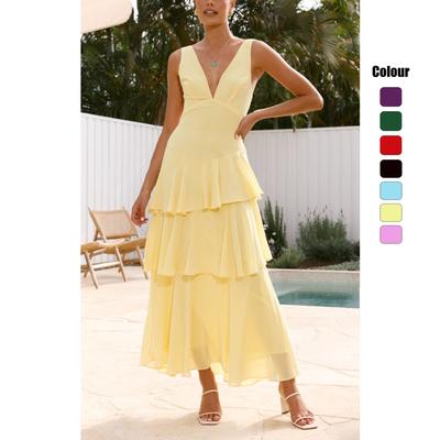 Summer Holiday Style V-neck Solid Color Splicing Long Halter Strap-on Dress 75