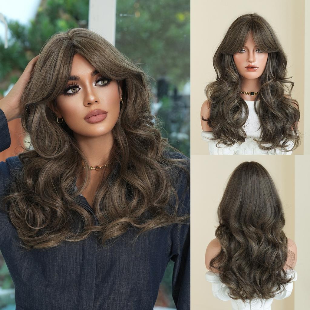 European Style Gradient Gray Medium Long Curly Wig 20 Inch Curtain Bangs Fluffy Heat Resistant Synthetic Wig for Women Daily