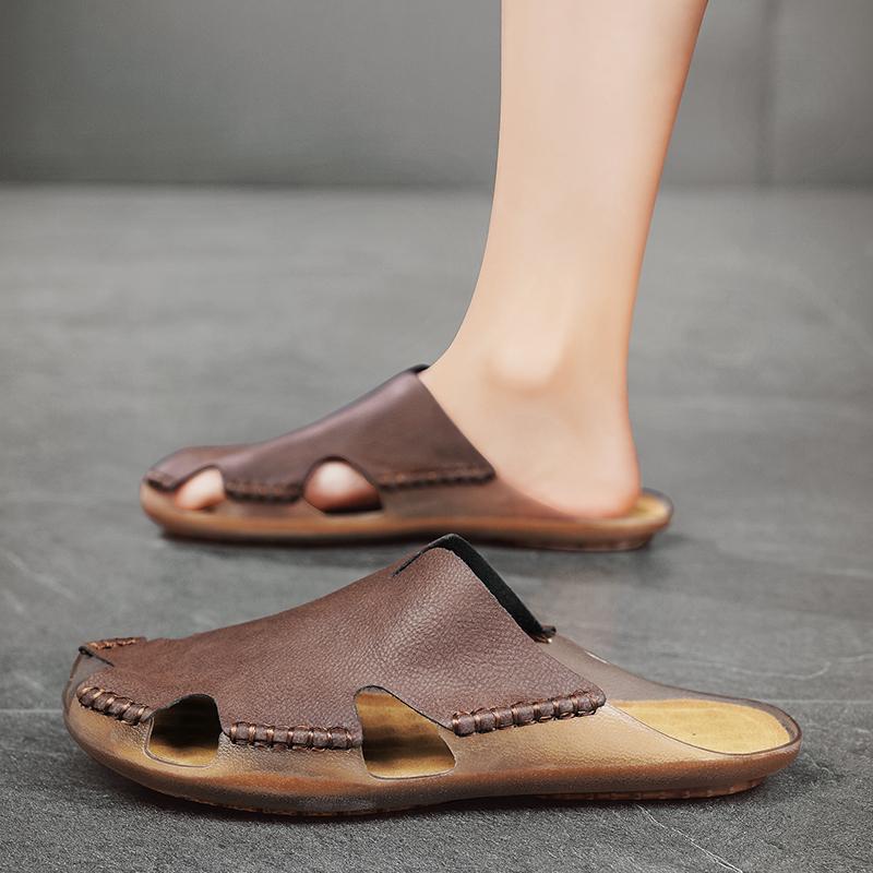 Letní pánské sandály Měkká kůže Ležérní pantofle Pohodlné ploché boty Venkovní pánské pantofle Římský styl Plážové sandály