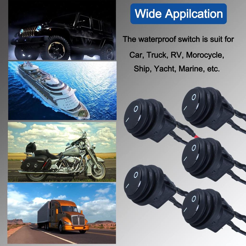 Waterproof 20A ON-Off Round Rocker Toggle Switch 2 Pins 2 Positions 12V 24V 110V 220V with Pre-solderd Cable for Auto Car Marine (5Pcs Black Without
