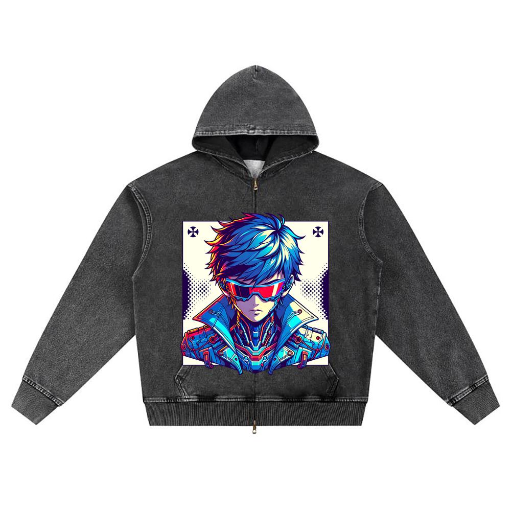 DTG print Knitted Denim Zip-Up Hoodie Cool Boy Brother Print Zipper Hoodies
