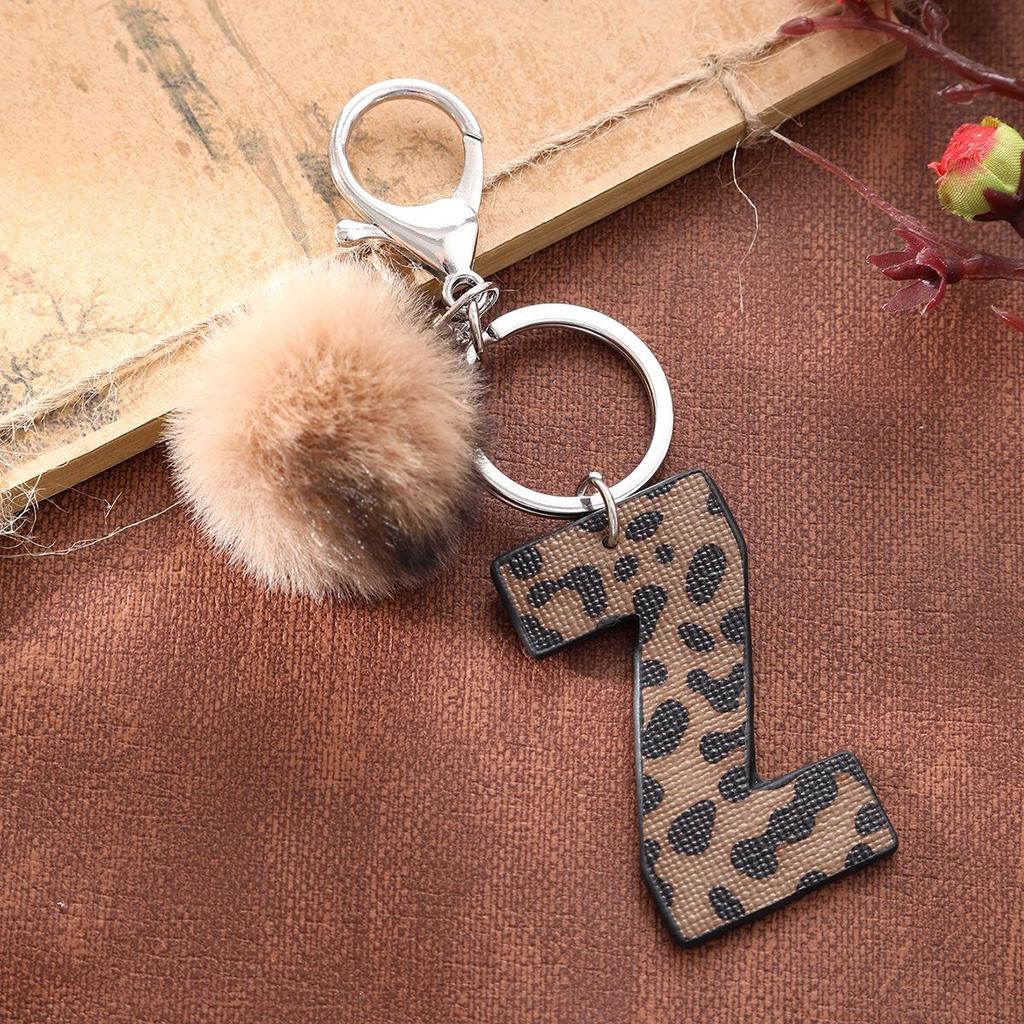 Western Cowboy Leopard Print Leather Keychain with Acrylic Letter and Plush Ball Accessories