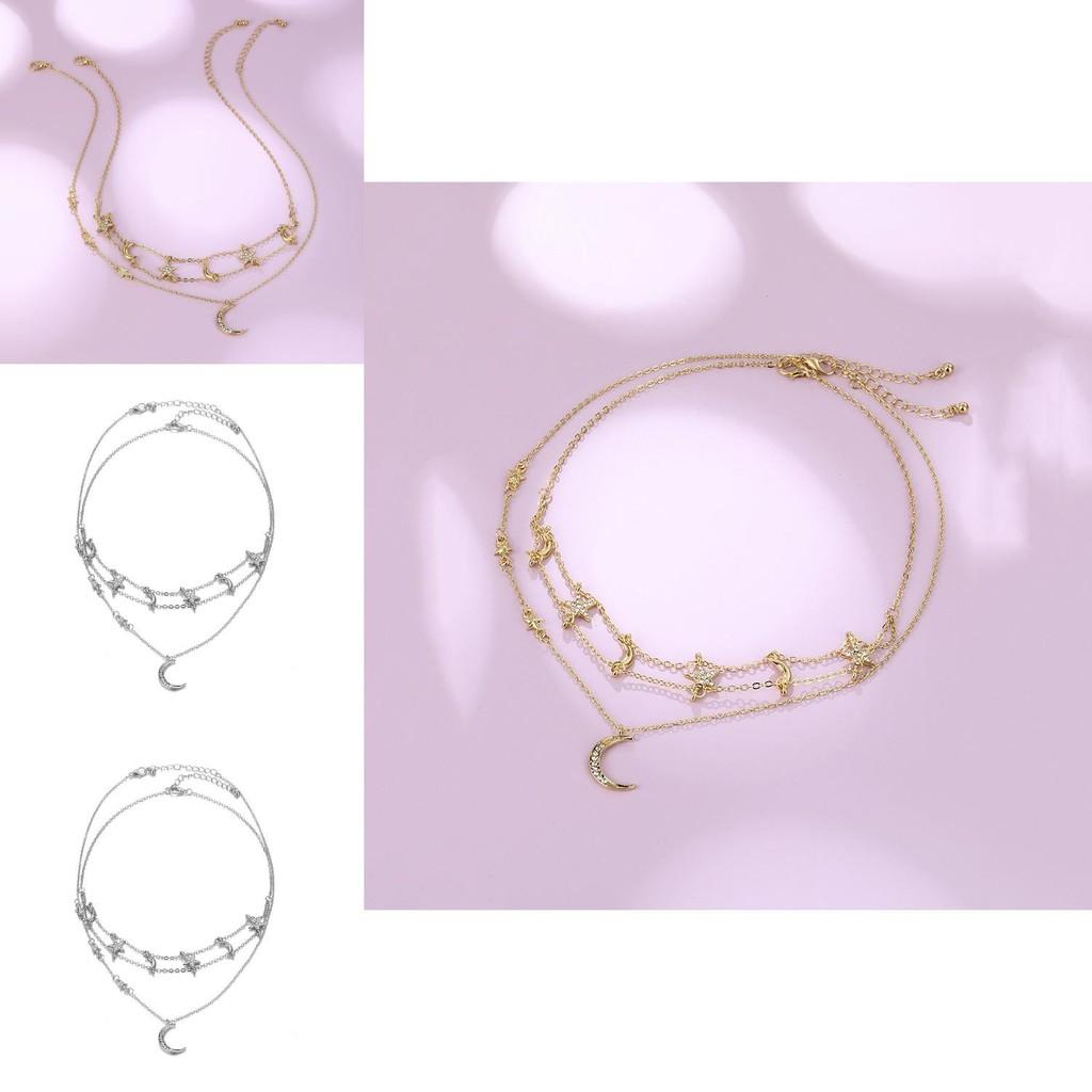 Elegant Geometric Design Alloy Layered Necklace Featuring Shimmering Stars And Moons For Women