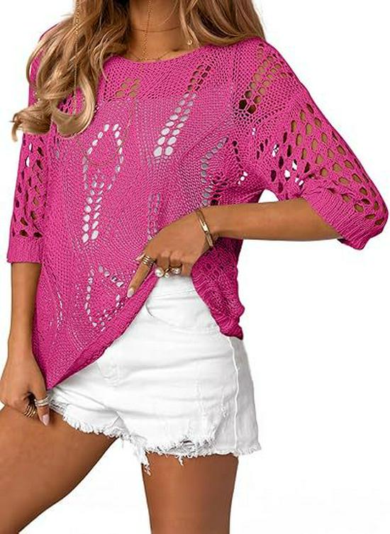 Women's Crochet Knit Hollow Short Sleeve Summer Top Beach Cover-Up