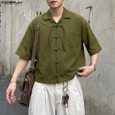 Oversized Men Lapel Neck Short Sleeve Retro Knot Texture Casual Loose Shirts