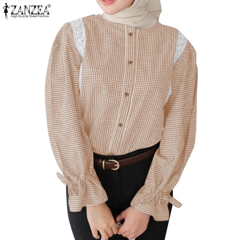 ZANZEA Women Lace Patchwork Casual O-neck Long Sleeve Grid Blouse
