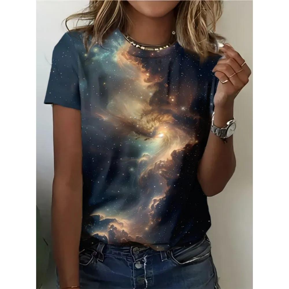 Ladies Fashionable Comfortable Printed T-shirt Colorful Starry Sky Patterns Loose Breathable Large Size Short Sleeved T-shirt