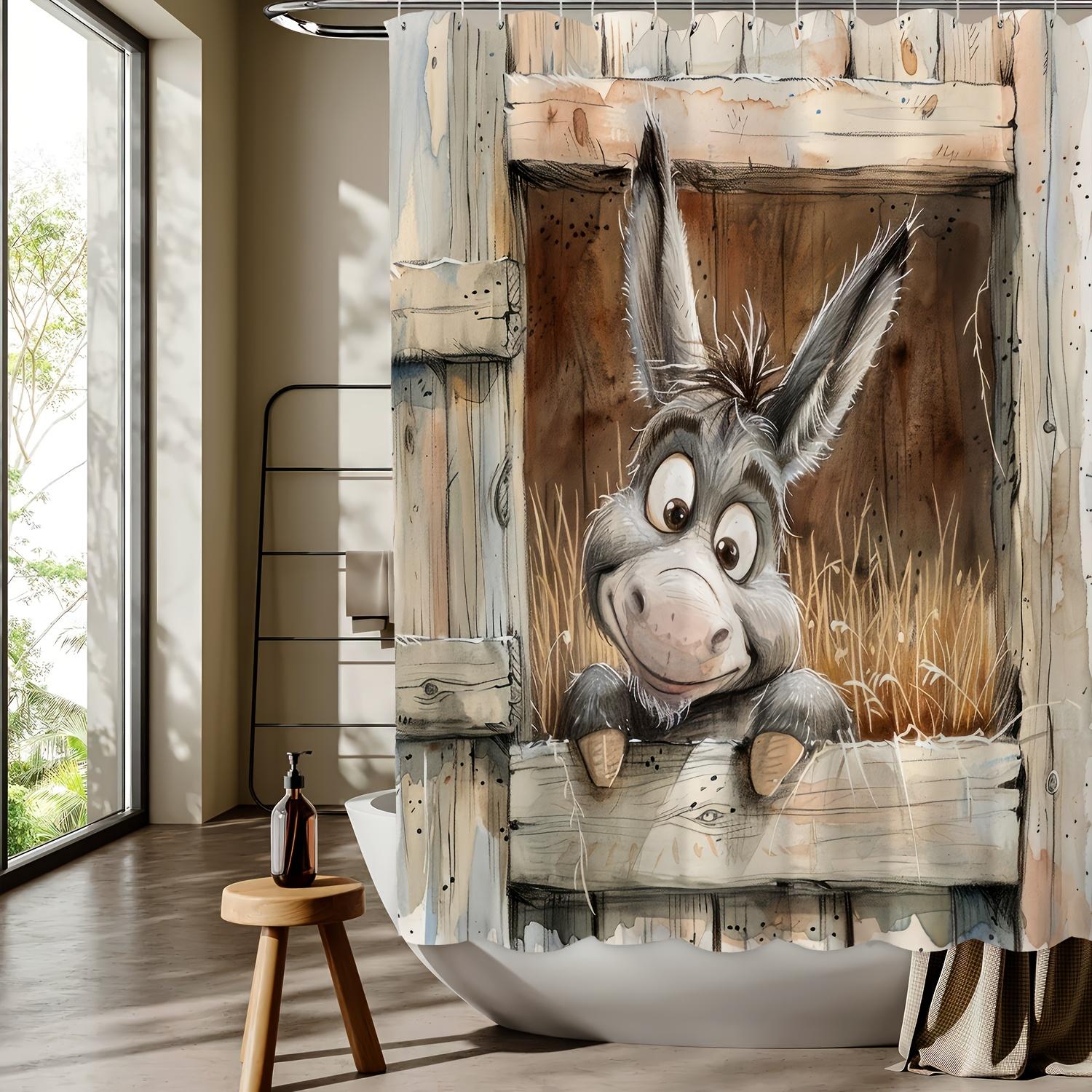 

Donkey Wooden Stable Pattern Shower Curtain, Whimsical Cartoon Design, Machine Washable, Reversible All-Season Polyester W90xH180cm