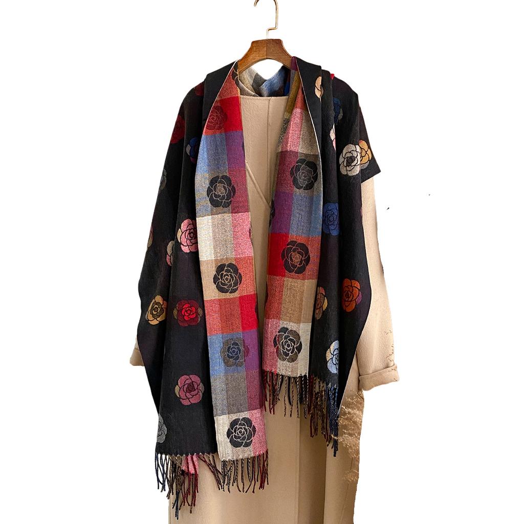 Versatile Jacquard Autumn And Winter Rose Splicing Double-Sided Imitation Cashmere Scarf Winter Warm Shawl Women