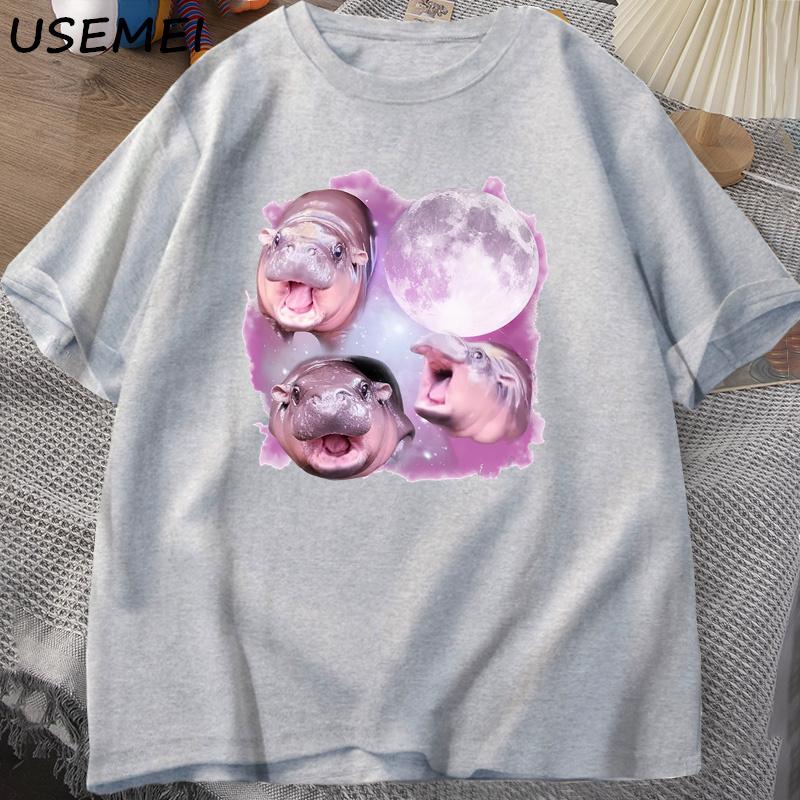 Three Moo Deng Moon Tshirt Unisex Women Fuuny Cartoon Cute Moodeng Tshirt Cotton Short Sleeve O Neck Unisexs Clothing