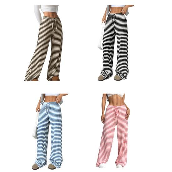 Women Pants Elastic Waist Adjustable Drawstring Striped Casual Wide Leg Trousers Design Loose Fit Daily