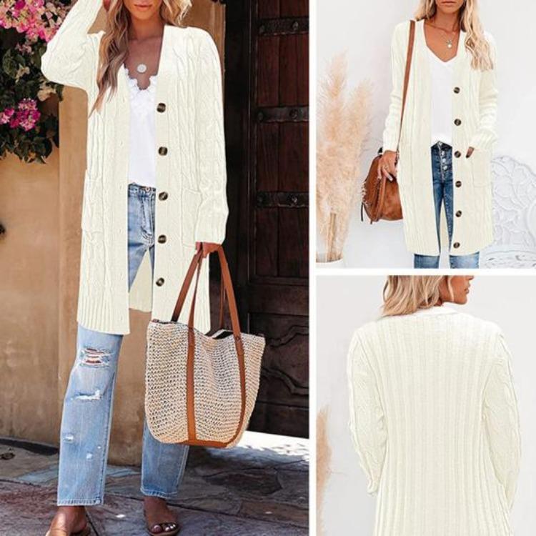 Button Up Knitting Jacket Women Sweater Cardigan Solid Color V Neck Long Sleeve Twist Texture Tops with Pockets