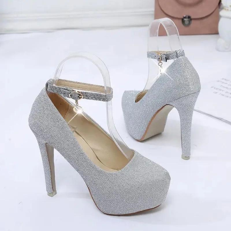 Wedding Shoes Women High Heels Pumps Bride Shoes Platform Super High Heel 12cm Black Silver Platform Shoes