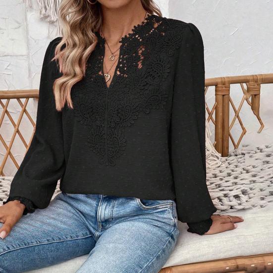 Women Short V-Neck Half Open Collar Lace Stitching Long-Sleeved Shirt Solid Color Loose Fit Pullover