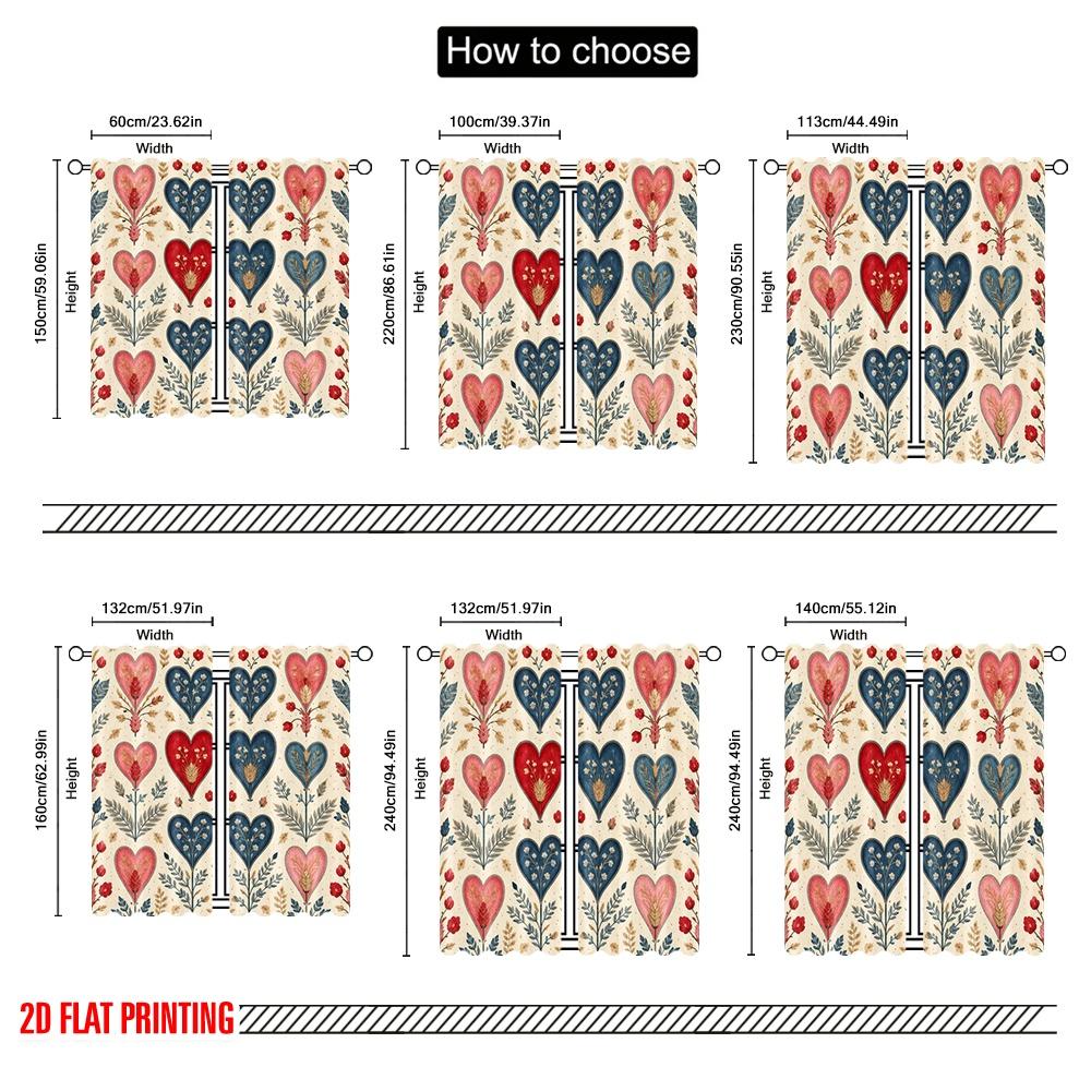 2D Flat Printing 2pcs Curtain Window Curtains Valentine's Heart Flowers Digital Printed Polyester Drapes Party Decorations