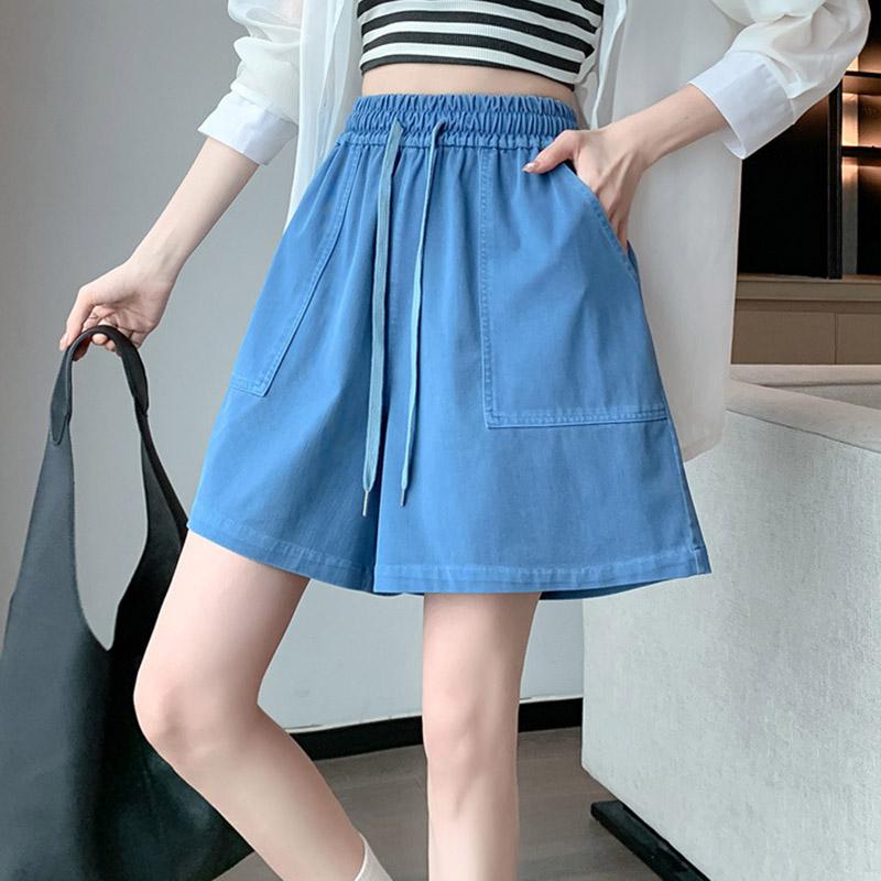 Plus Size Women's Sport Shorts Stretch Elastic Waist Washed Solid Color Lyocell Thin Wide Leg Shorts with Large Pockets