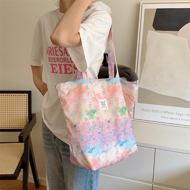 1 New Shoulder Floral Cotton Bag Pink Flower Sea Large Capacity Canvas Tote Handbag