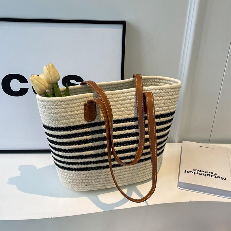 Striped Design Straw Tote Bag Large Capacity Beach Boho Style Handbag Fulfilment Shopping Bag
