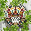 2d Flat 20*20cm, "Welcome To Our Coop" Round Wooden Wall Decoration with Colorful Rooster and Floral Patterns, Suitable for Farmhouse, Outdoor Use.