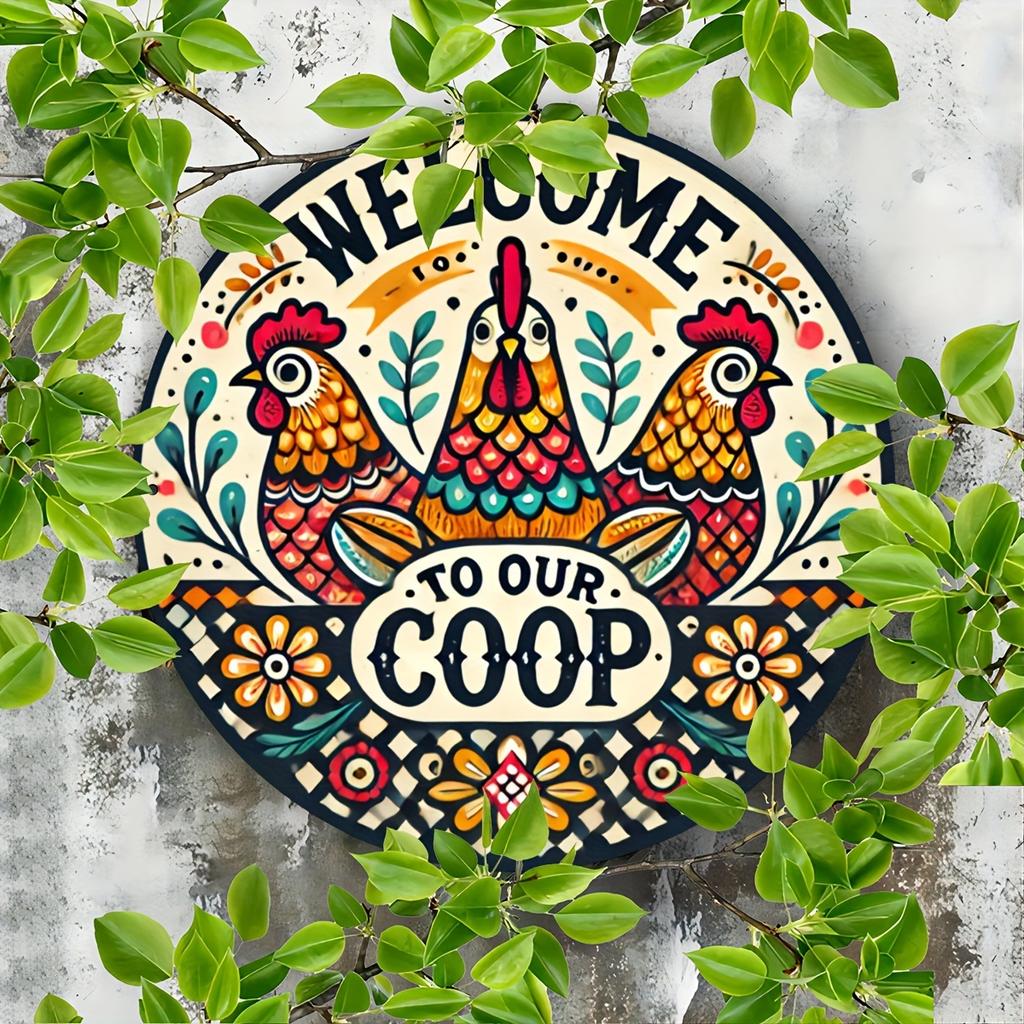 2d Flat 20*20cm, "Welcome To Our Coop" Round Wooden Wall Decoration with Colorful Rooster and Floral Patterns, Suitable for Farmhouse, Outdoor Use.