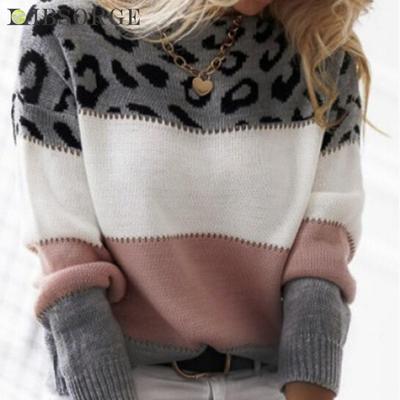 Women's Autumn and Winter Clashing Colours Round Neck Pullover Casual Knitted Loose Sweater