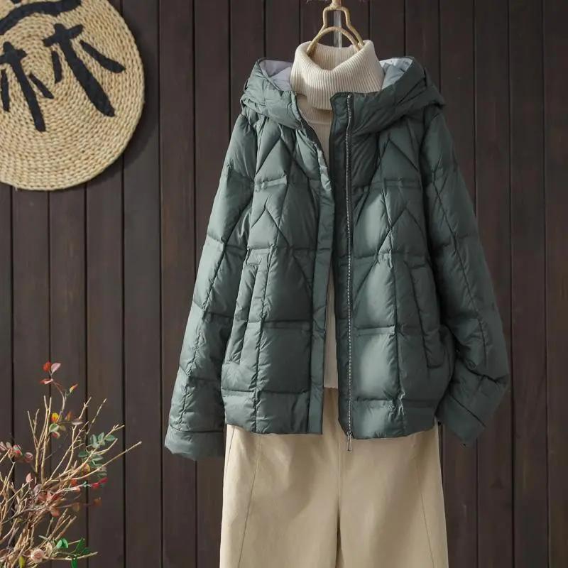 

Женская зимняя пуховая куртка с капюшоном из белого утиного пуха, зимняя повседневная свободная утолщенная тонкая куртка XS