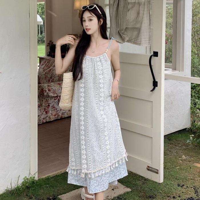 Holiday wind fringe seaside suspender dress women s summer new bohemian floral dress French skirt S