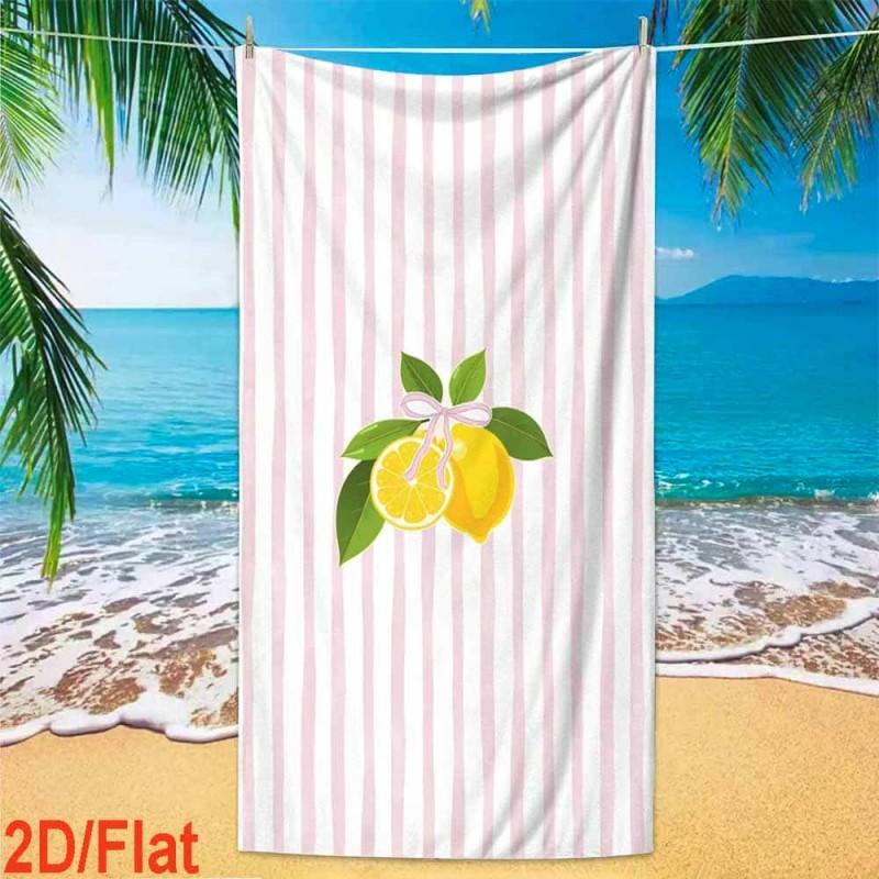 Pink White Thin Striped Watercolor Lemon Seashell Print Quick Dry Beach Towel Soft Lightweight Pool Towel For Summer Travel