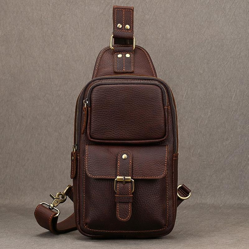 Crazy Horse Leather Breast Bag Men'S Summer And Autumn Leather Oblique Span Bag Cowhide Shoulder Bag Commuter Outdoor Leisure Backpack