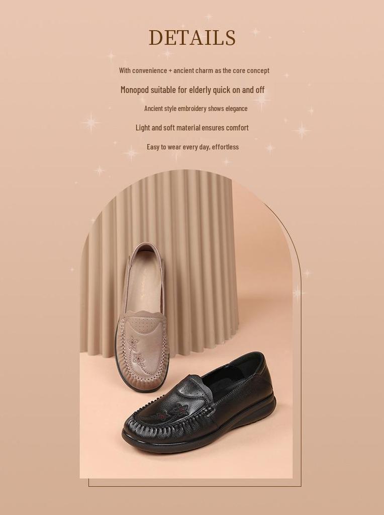 Red Dragonfly Women's Spring Loafers - Genuine Leather Non-Slip Slip-on Shoes for Middle-Aged and Elderly with Soft Cowhide Sole