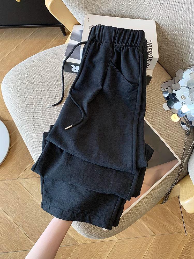 

Women s Summer Loose Drawstring Wide-Leg Pants: Lazy Style, Slimming, Floor-Length, Versatile, Casual Drape L чёрный