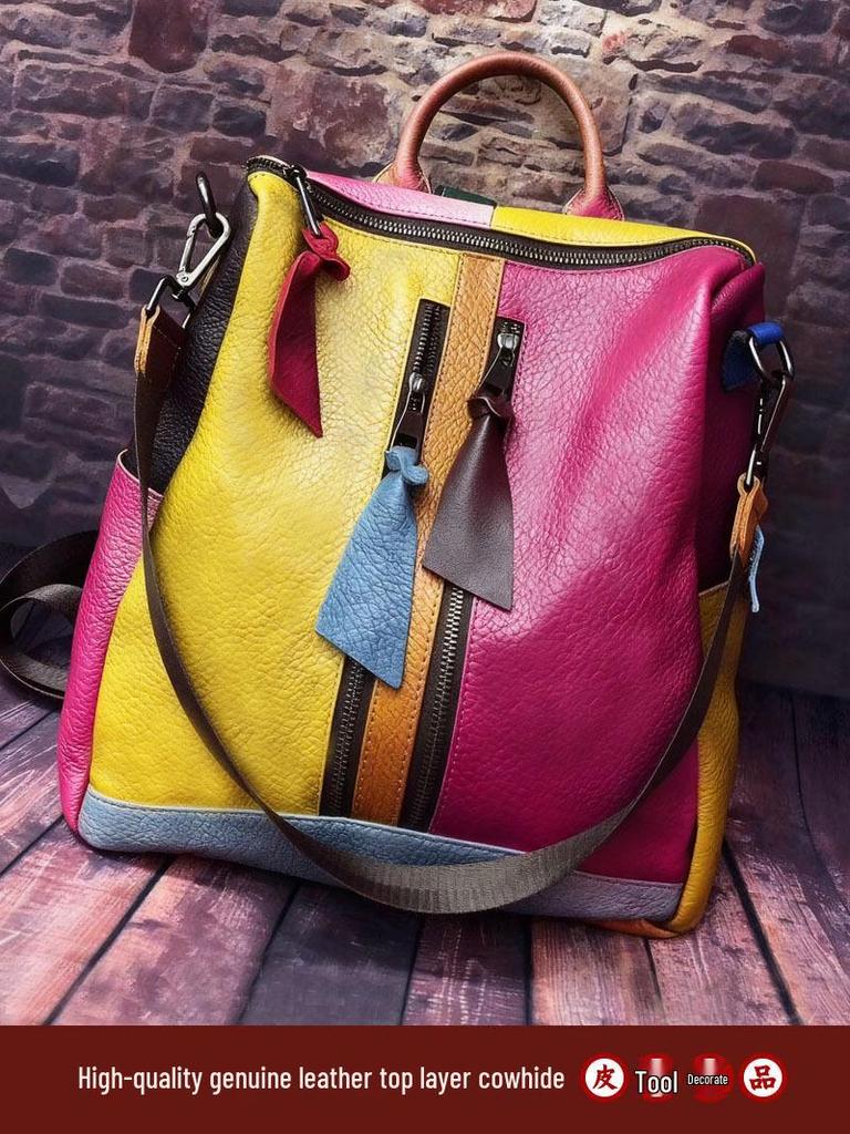 Retro Skórzana Patchworkowa Kolorowy Blok Telefon Torba na Telefon & Plecak z Podwójnym Paskiem