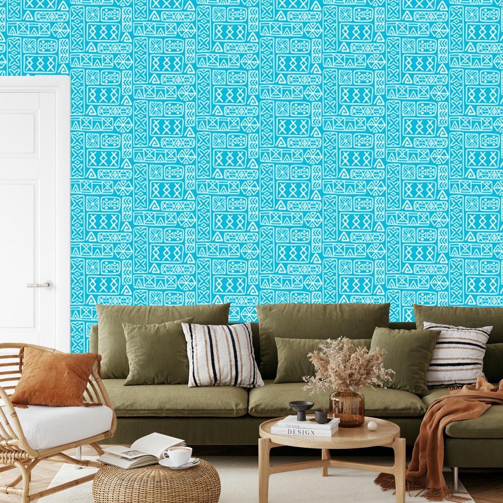 Polynesian Geometric Pattern Wallpaper Turquoise and Celadon 50x1000