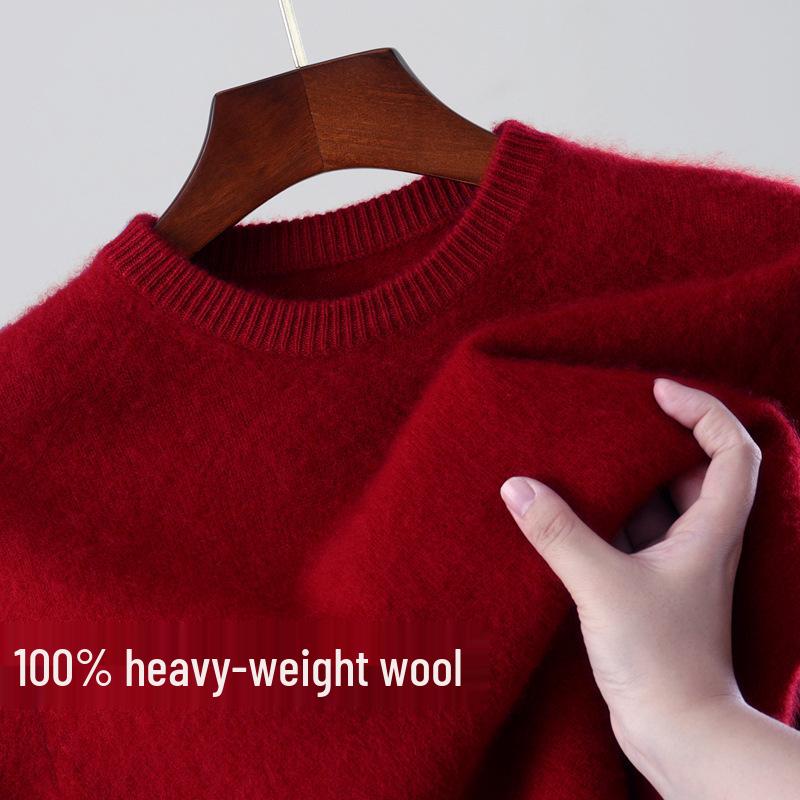 Men's 100% Wool Round Neck Loose Casual Sweater - Thickened Long Sleeve Knitwear